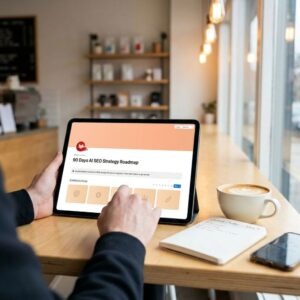 90 Days AI SEO Strategy Roadmap Notion template open on a tablet in a café — structured 6-phase AI SEO strategy system by Olyfox